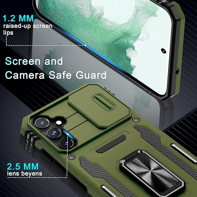 DEERLAMN Case for Samsung Galaxy S23 FE 6.4-Inch with Slide Camera Cover+Screen Protector(1 Pack),Rotated Ring Kickstand Military Grade Shockproof Protective Cover-Olive Green
