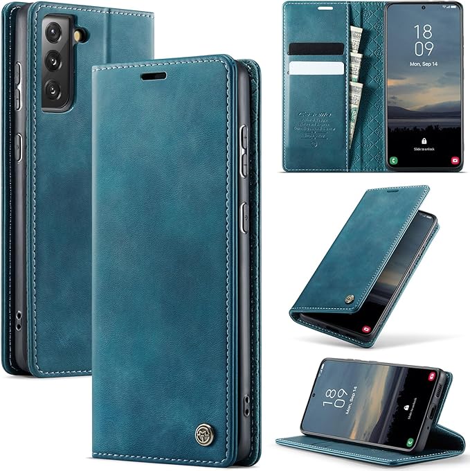 Wallet Case for Samsung Galaxy S21 Plus Leather Wallet Flip Cover with Card Holder, Kickstand, Magnetic Closure, RFID Blocking TPU Shockproof Phone Case Compatible with S21 Plus, Blue-Green