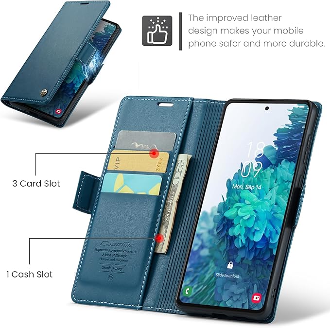 AUPAI for Samsung Galaxy S20 FE Wallet Case with Credit Card Holder, PU Leather RFID Blocking Folio Flip Kickstand Magnetic Clasp Protective Phone Cover for Women Men Blue