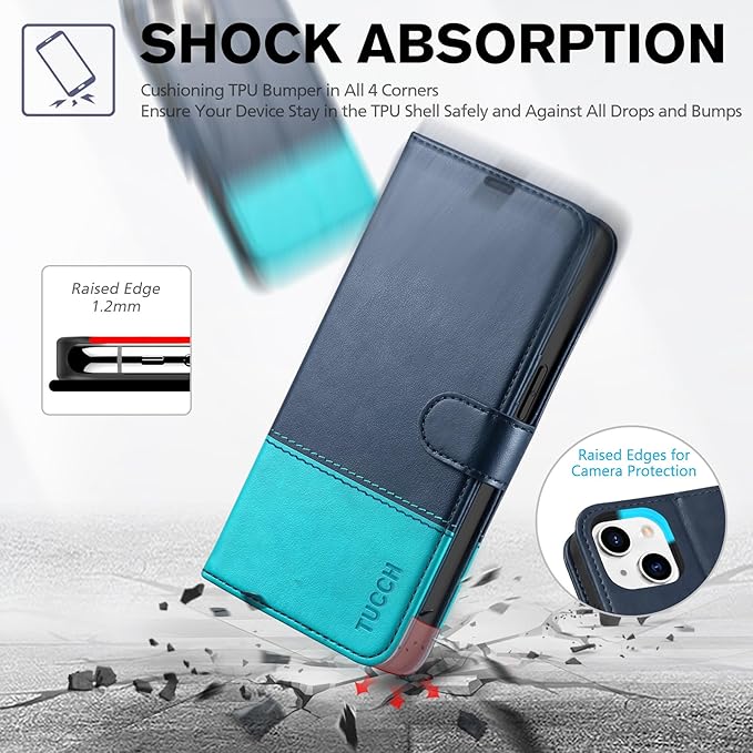 TUCCH Wallet Case for iPhone 14, [RFID Blocking] [4 Card Slots] TPU Interior Protective Case, Magnetic Folio Shockproof PU Leather Stand Flip Cover Compatible with iPhone 14 6.1, Dark Blue&Lake Blue