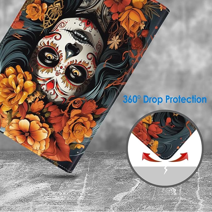 Case for Samsung Galaxy Tab S10 Lite / S10 FE / S9 FE 10.9-Inch / S9 11-Inch, Slim Lightweight PU Leather Stand Cover with Auto Wake/Sleep, Sugar Skull Girl Flowers