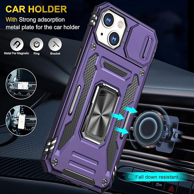 Case for iPhone 14 Plus iPhone Case iPhone 14 Plus Phone Case with Camera Lens Cover, with Ring Holder Kickstand, fit Magnetic Car Mount, for iPhone 14 Plus (Purple)
