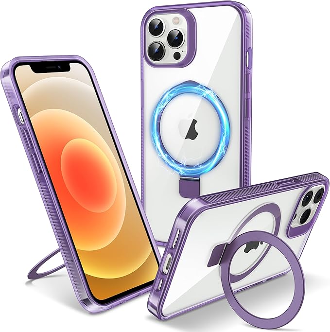 Magnetic Case for iPhone 12 Pro Max - [Built-in Invisible Stand] [Compatible with MagSafe] [Military Grade Drop Protection] Anti-Yellowing Hard Back Silicone Edge Cover, 6.7", Clear Purple