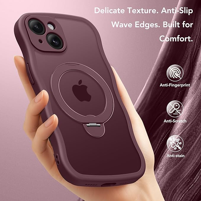 GolbinBox for iPhone 15 Plus Case for Women,[Compatible with Magsafe][360° Spin Magnetic Stand][Cute Wave Edge][Military-Grade Protection] Translucent Matte Phone Case for iPhone 15 Plus, Wine Red