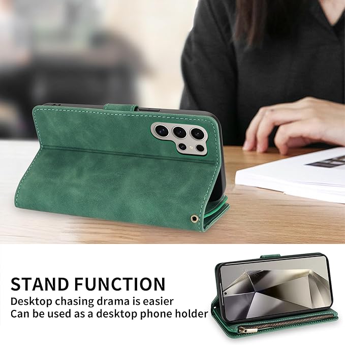 ZZXX for Samsung Galaxy S24 Ultra Wallet Case with RFID Blocking Card Slot PU Leather Zipper Flip Folio with Strap Kickstand Protective Cover for Samsung Galaxy S24 Ultra Case Wallet(Green-6.8 inch)