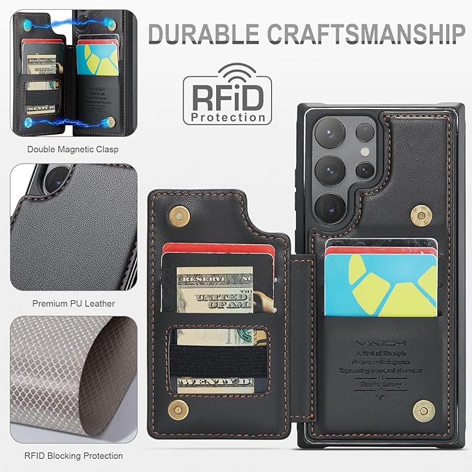 Vinich for Samsung Galaxy S24 Ultra Wallet Case with Card Holder, RFID Blocking Credit Slots Kickstand Shockproof Phone Cover for Women Men, Black