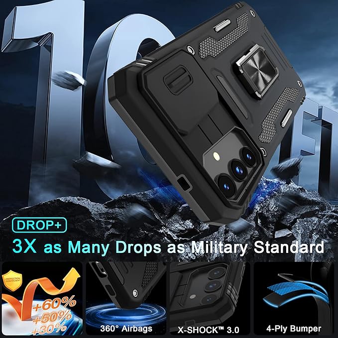 DEERLAMN Case for Samsung Galaxy S24+ Plus with Slide Camera Cover+Screen Protector (1 Pack), Rotated Ring Kickstand Military Grade Shockproof Protective Cover-Black