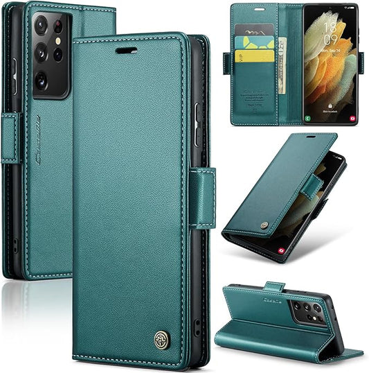 AUPAI for Samsung Galaxy S21 Ultra Wallet Case with Credit Card Holder, PU Leather RFID Blocking Folio Flip Kickstand Magnetic Clasp Protective Phone Cover for Women Men Cyan