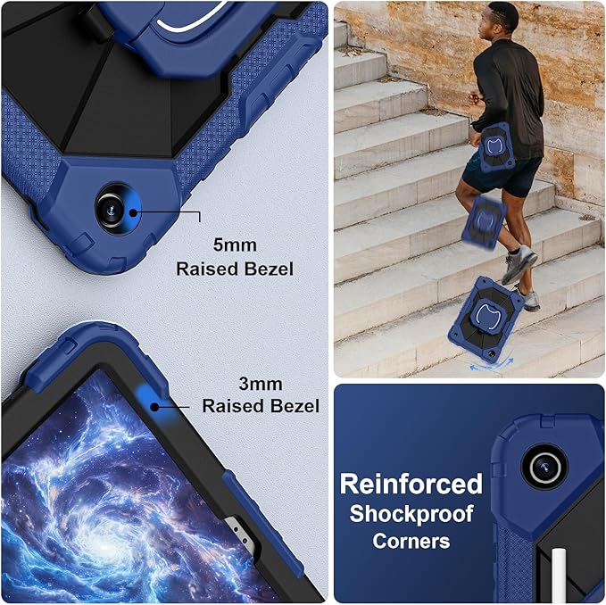 for Galaxy Tab A9 Plus Case 11 Inch, Rugged Case for Samsung Galaxy A9+ Tablet with Screen Protector 360 Rotating Stand Shoulder Strap Pen Holder, 2023 Model(SM-X210/X216/218), Navy Black