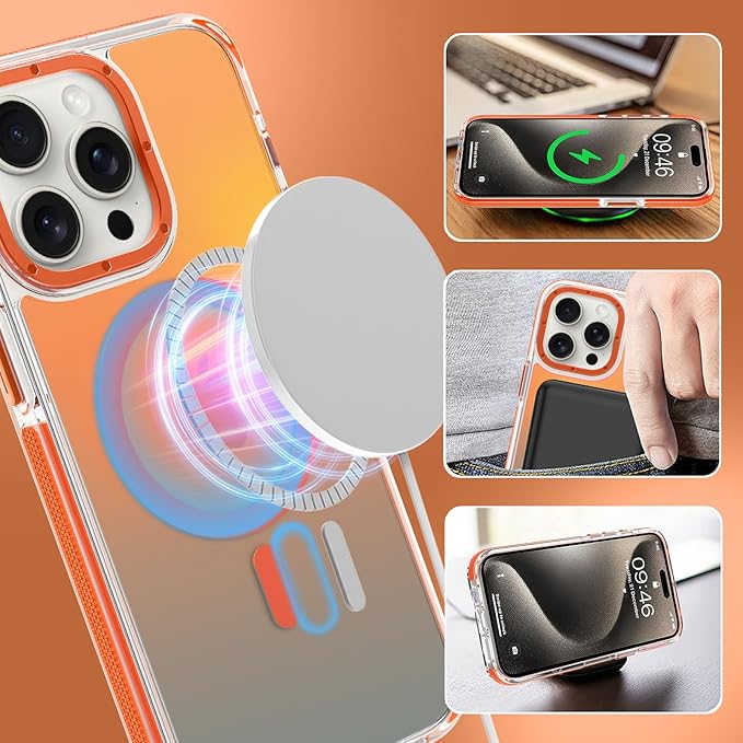 MOWIME Magnetic Case for iPhone 15 Pro Max [Compatible with Magsafe] [Cute Fashion Fluorescent Design] [1 Screen Protector] Slim Translucent Matte Case for iPhone 15 Pro Max 6.7" 2023, Orange