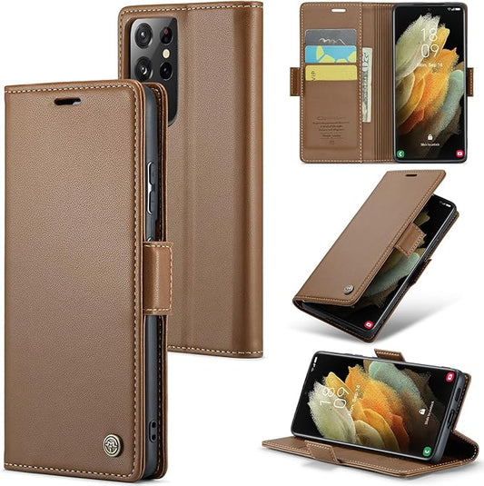 Case for Samsung Galaxy S21 Ultra Wallet Case, RFID Blocking PU Leather Flip Folio Cover Card Holder Kickstand Shockproof Phone Case Compatible with Samsung Galaxy S21 Ultra, Brown