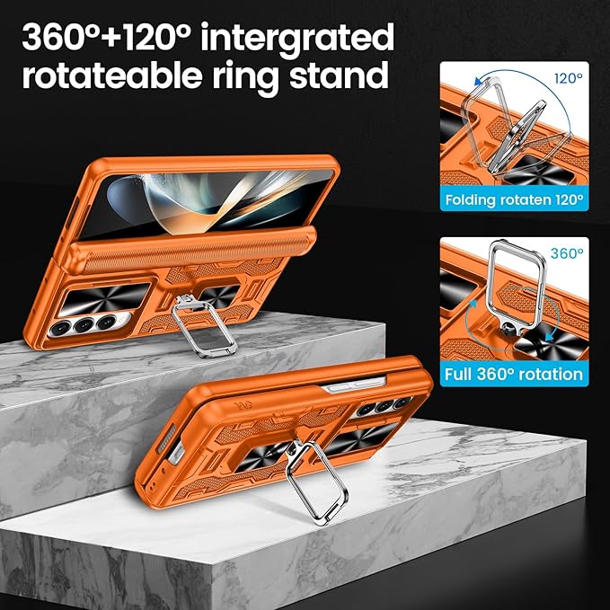 VEGO for Galaxy Z Fold 4 Case with Belt Clip Holster, 360°Ring Magnetic Kickstand & Camera Cover & Front Screen Protector, Hinge Protection Shockproof Armor Cover - Orange