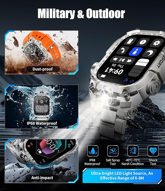LIGE Military Smart Watch for Men, 2.01" LED Flashlight Rugged Smartwatch, 100+ Sports Fitness Tracker Watch, 700mAh Long Battery/Sleep/IP68 Waterproof Smart Watch for Android iPhone Compatible