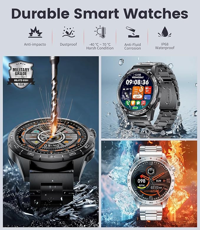 Smart Watch for Men,Answer/Make Calls,1.43'' AMOLED,IP68 Waterproof,110+ Sports Modes Fitness Watch with Sleep Monitor/SpO2/Heart Rate/Pedometer Rugged Outdoor Smartwatch 2 Straps