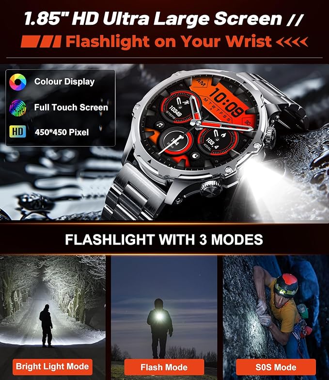Smart Watches for Men(LED Flashlight), 1.85'' HD Large Smartwatch, 800mAh/5ATM Waterproof/Pedometer/100+ Sports Fitness Tracker Watch, Rugged Smartwatches for Men Compatible Android iPhone