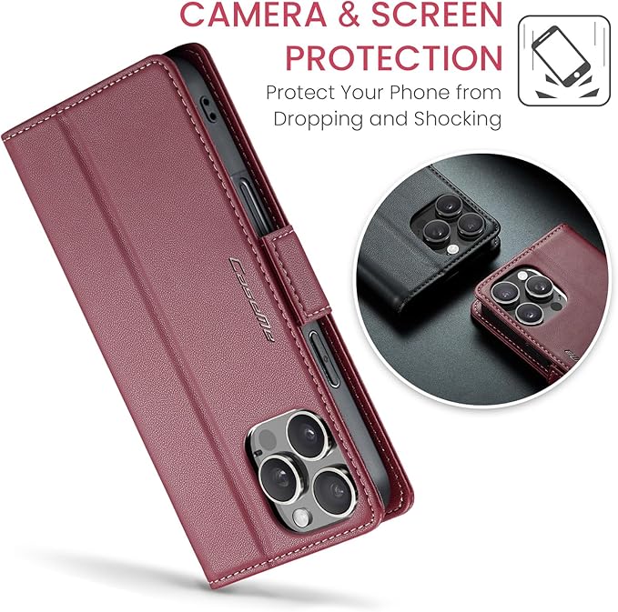 for iPhone 16 Pro Case, Premium PU Leather Wallet Case Flip Cover with [RFID Blocking][Card Holder][Stand Function] Shockproof Protective for iPhone 16 Pro 6.3", Red