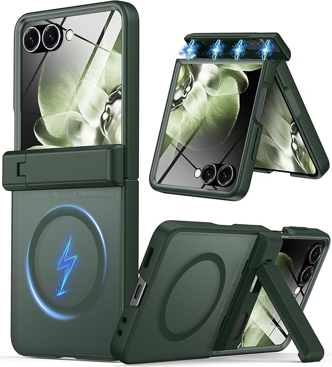 for Samsung Galaxy Z Flip 7 Case Compatible with Magsafe [Hinge Protection＆ Kickstand][Built-in Front Screen Protector] 15FT Military Shockproof Full Body Phone Case for Galaxy Z Flip 7, Green