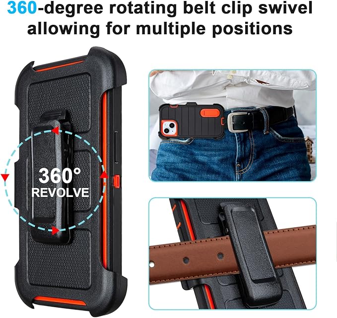 for Heavy Duty iPhone 15 Case with Belt Clip & Holster, Rugged Military Grade Shockproof Protective Cover for iPhone 15 Case with Stand 6.1 Inch (Black+Orange)