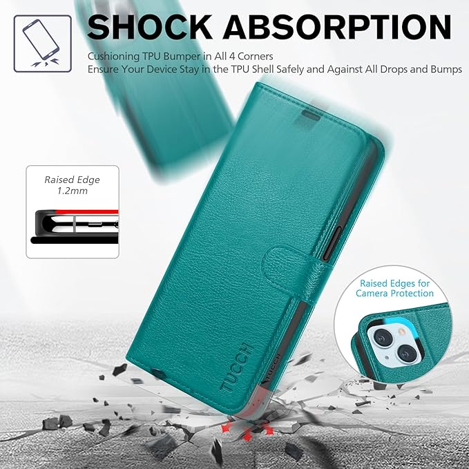 TUCCH Case Wallet for iPhone 15, [RFID Blocking] PU Leather Stand Folio Cover with 4 Card Slots [TPU Protective Interior Shell], Magnetic Flip Case Compatible with iPhone 15 5G 6.1-inch 2023, Cyan