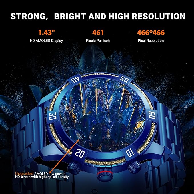 Smart Watch for Men Bluetooth Answer/Make Call, 1.43" AMOLED Display Luxury Smartwatch, Fitness Tracker with 100+ Sport Modes, Heart Rate/Sleep Monitor for iOS Android, 2 Watch Bands (Blue)