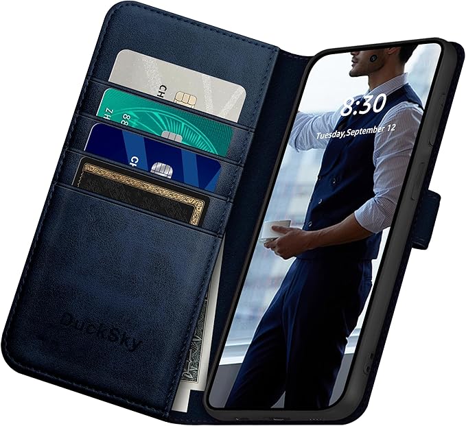 Compatible with Samsung Galaxy S25 Ultra Genuine Leather Wallet case【RFID Blocking】【4 Credit Card Holder】【Real Leather】 Flip Folio Book Phone case Cover Women Men for S25 Ultra case Dark Blue