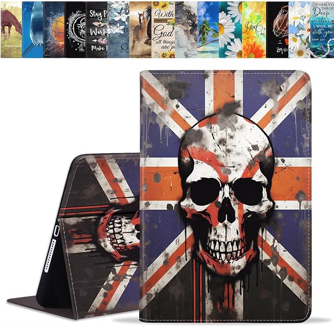 Case for Samsung Galaxy Tab S10 Lite / S10 FE / S9 FE 10.9-Inch / S9 11-Inch, Slim Lightweight PU Leather Stand Cover with Auto Wake/Sleep, British Flag Skull