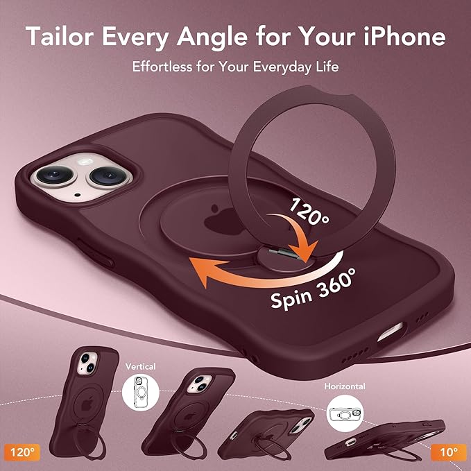 for iPhone 13 Case & iPhone 14 Case for Women,[Compatible with Magsafe][360° Spin Magnetic Stand][Cute Wave Edge][Military-Grade Protection]Translucent Matte Phone case for iPhone 13/14, Wine Red