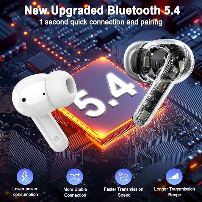 Wireless Earbuds, 2025 Bluetooth 5.4 Headphones 3D Stereo Hi-Fi Bass Ear Buds, 4 ENC Noise Cancelling Mic, 40+Hrs USB-C in-Ear Earphone Sport, IP-X7 Waterproof Workout Gym for Android iOS Laptop Pad