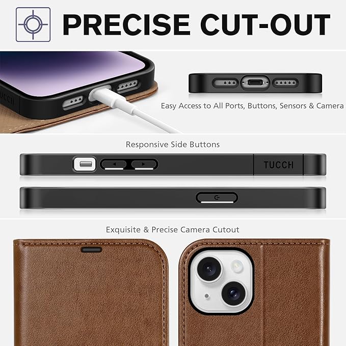 TUCCH Wallet Case for iPhone 14 6.1", Flip PU Leather Magnetic Protective Cover with [RFID Blocking] [4 Card Slots] Stand [TPU Interior Case] Compatible with iPhone 14 6.1, Brown