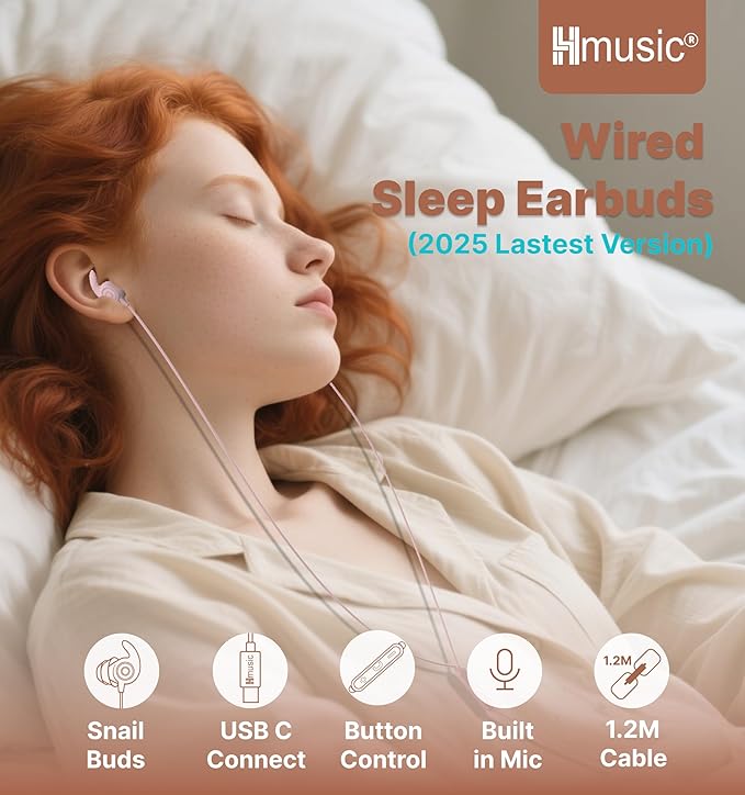 Hmusic Sleep Earbuds,USB C Wired Sleep Headphones for Side Sleepers,30dB Noise Isolate Sleep Earplugs w/Mic,2g Lightweight Soft Silicone,Flat Thin Bed Earphones for Relax,Focus,Travel,Yoga(Pink)