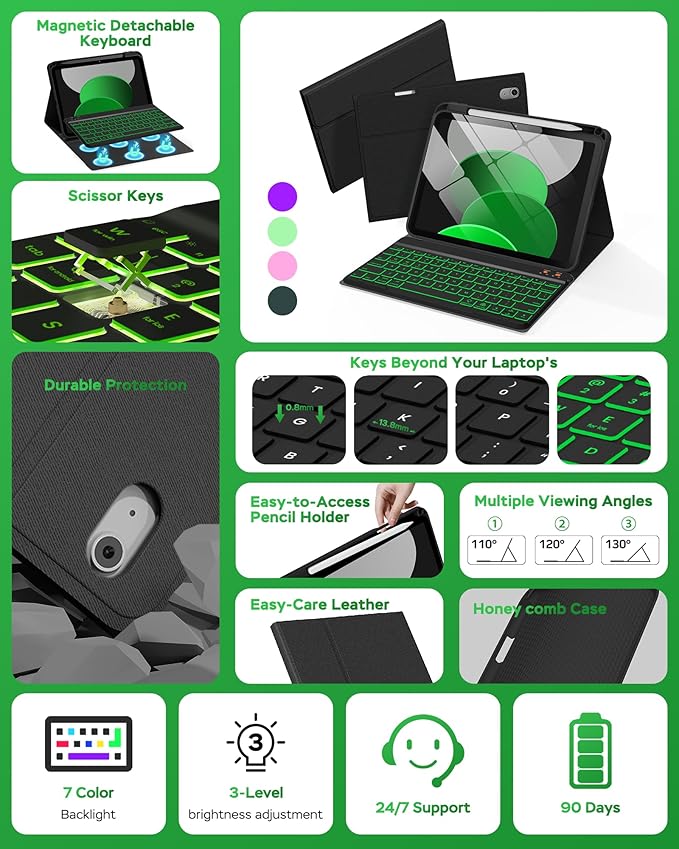 Folio Keyboard Case for iPad 10th Gen 10.9 inch (2022) and iPad 11th (A16, 2025), Magnetic Wireless Detachable Keyboard, 7-Color Backlight, Thin & Light, Pencil Holder (Black)