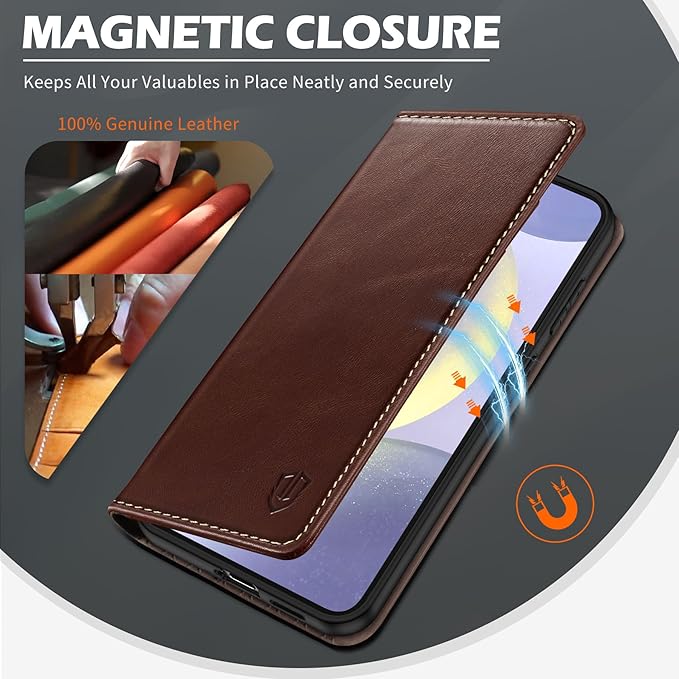 SHIELDON Case for Galaxy S25+ Plus 5G, Genuine Leather Folio Wallet Magnetic Kickstand RFID Blocking Card Slots Shockproof Full Protection Cover Compatible with Galaxy S25+ 6.7" 2025 - Retro Coffee