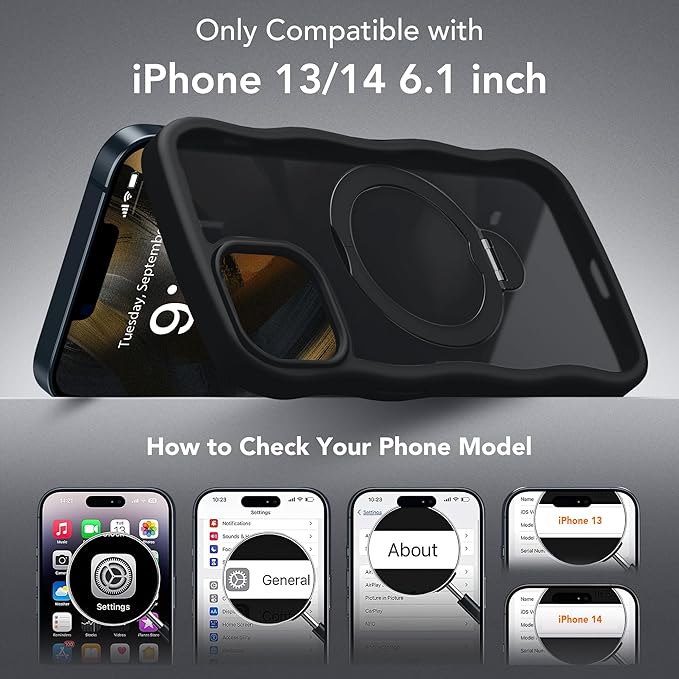 for iPhone 13 Case & iPhone 14 Case for Women,[Compatible with Magsafe][360° Spin Magnetic Stand][Cute Wave Edge][Military-Grade Protection]Translucent Matte Phone case for iPhone 13/14, Black