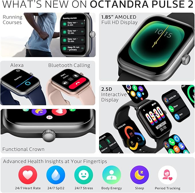 OCTANDRA Pulse 2 VeryFit Smart Watches for Men Women, Alexa Built-in 1.85" AMOLED Screen IP68 Fitness Tracker Watch, Body Energy/Heart Rate/Oxygen Saturation/Stress/Step/Sleep Monitor (GTX10) (Black)