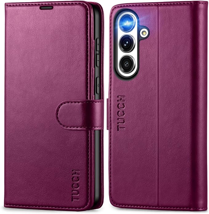 TUCCH Case Wallet for Galaxy S25 FE 5G, Kickstand [RFID Blocking] 4 Card Holder, Folio Magnetic PU Leather [TPU Shockproof Interior Shell] Protective Cover (6.7") 2025, Plum Purple
