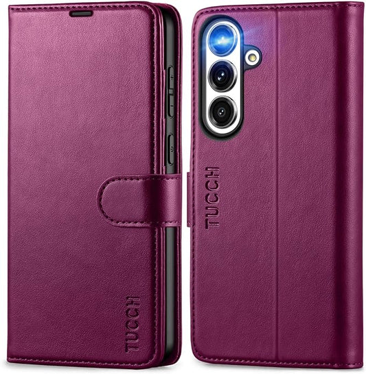 TUCCH Case Wallet for Galaxy S25 FE 5G, Kickstand [RFID Blocking] 4 Card Holder, Folio Magnetic PU Leather [TPU Shockproof Interior Shell] Protective Cover (6.7") 2025, Plum Purple