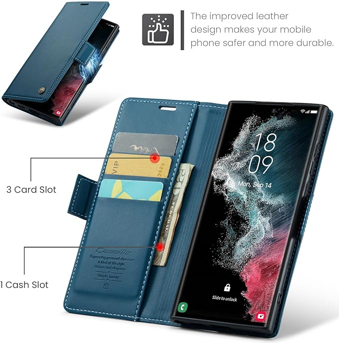 Case for Samsung Galaxy S22 Ultra Wallet Case, RFID Blocking PU Leather Flip Folio Cover Card Holder Kickstand Shockproof Phone Case Compatible with Samsung Galaxy S22 Ultra, Blue