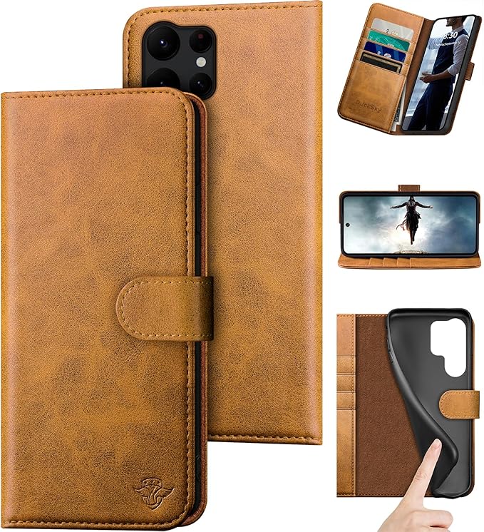 Compatible with Samsung Galaxy S25 Ultra Genuine Leather Wallet case【RFID Blocking】【4 Credit Card Holder】【Real Leather】 Flip Folio Book Phone case Cover Women Men for S25 Ultra case Khaki