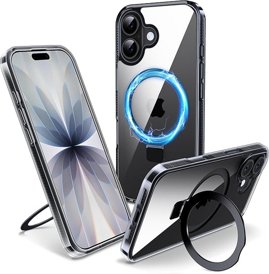 Magnetic Case for iPhone 17 - [Built-in Invisible Stand] [Compatible with MagSafe] [Military Grade Drop Protection] Anti-Yellowing Hard Back Silicone Edge Cover, 6.3", Clear Black