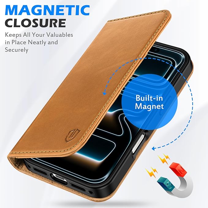 SHIELDON Leather Wallet Case for iPhone 17 5G 6.3" 2025 | RFID Blocking Credit Card Holder, Magnetic Closure, Kickstand, Folio Design, Shockproof Full Protective Cover - Retro Light Brown