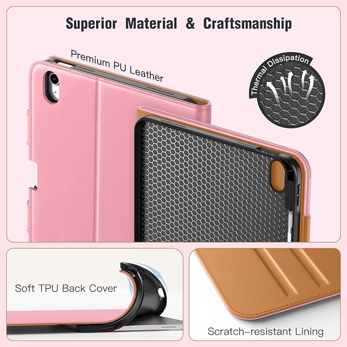 MoKo for iPad (A16) 11th Generation Case 11 inch 2025, iPad 10th Generation Case 10.9" 2022 with Pencil Holder & Pocket, Premium Leather Folio Stand Cover, Multiple Viewing Angles, Cinnamon Pink