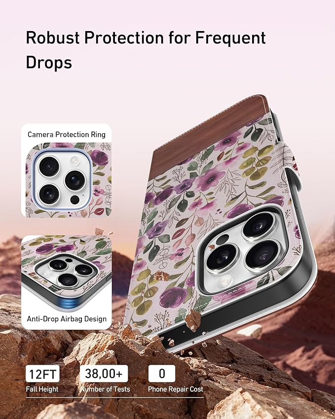 DEENAKIN for iPhone 15 Pro Max Wallet Case with Card Holder + Cash Clip, RFID-Blocking, Military-Grade Drop Protection, Magnetic Closure with Leather Kickstand - Floral Wallpaper