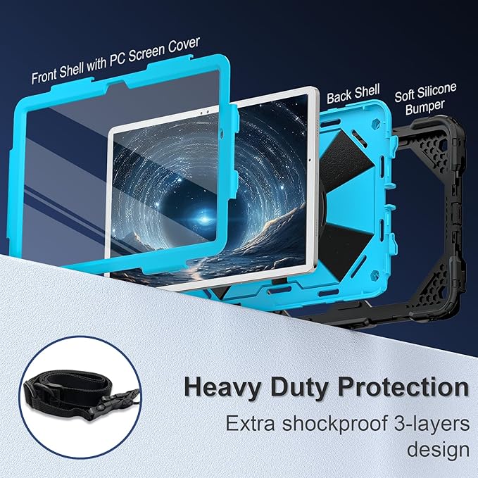 for Galaxy Tab A9 Plus Case 11 Inch, Rugged Case for Samsung Galaxy A9+ Tablet with Screen Protector 360 Rotating Stand Shoulder Strap Pen Holder, 2023 Model(SM-X210/X216/218), Black Blue