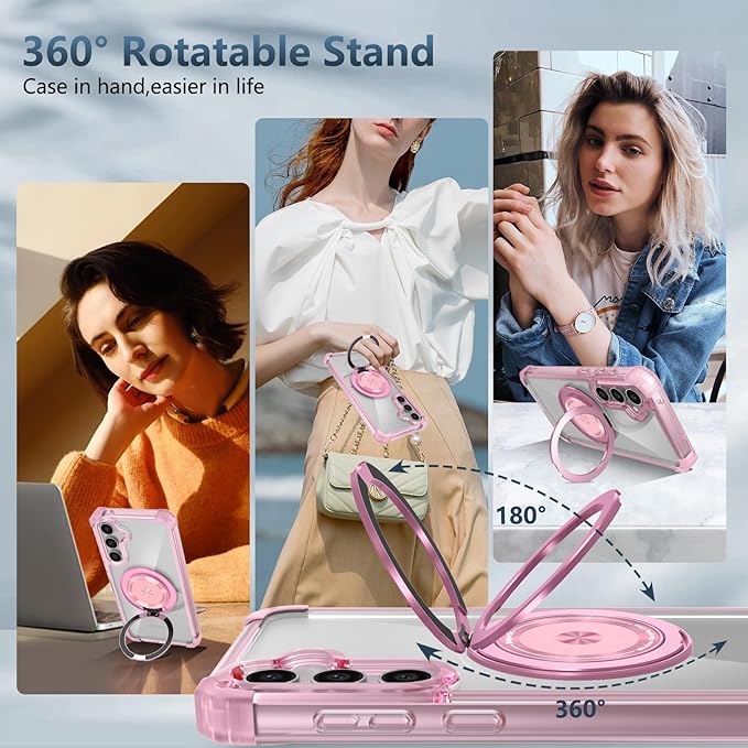 Magnetic for Samsung Galaxy S25 Case Compatible with MagSafe Wireless Charging,with Screen Protector,S25 Phone Case Built-in 360° Kickstand Ring,Shockproof Military Grade Drop Protection Pink