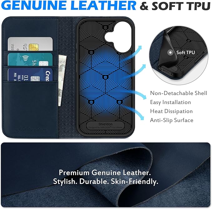 SHIELDON Wallet Case for iPhone 17 6.3-inch 2025 | Genuine Leather | Foldable | RFID Blocking Credit Card Holder | Kickstand | Magnetic Closure | Shockproof TPU Phone Cover | Navy Blue