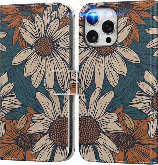 DEENAKIN for iPhone 15 Pro Max Wallet Case with Card Holder + Cash Clip, RFID-Blocking, Military-Grade Drop Protection, Magnetic Closure with Leather Kickstand - Floral Daisy Pattern