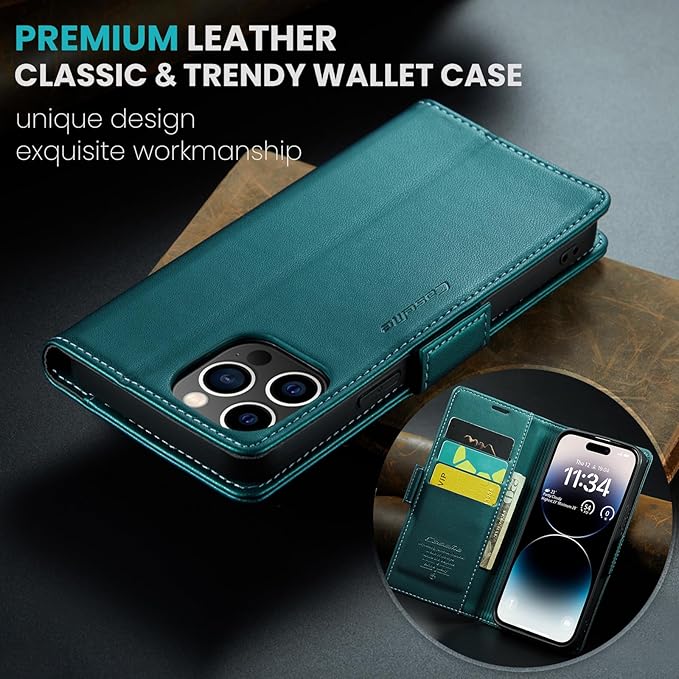 for iPhone 14 Pro Case, Premium PU Leather Wallet Case Flip Cover with [RFID Blocking][Card Holder][Stand Function] Shockproof Protective for iPhone 14 Pro 6.1 inch, Blue-Green