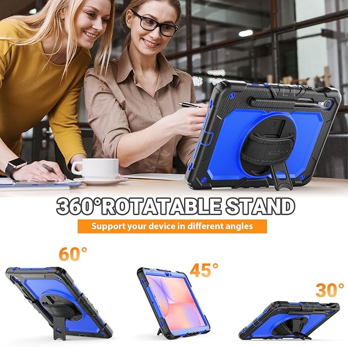 SEYMAC Case for Samsung Galaxy Tab S10 Lite/ S10 FE/ S9 FE/ S9 5G (10.9''/11''), Heavy Duty Shockproof Protective Case with Screen Protector, Rotating Stand, Hand Strap and Pen Holder, Blue
