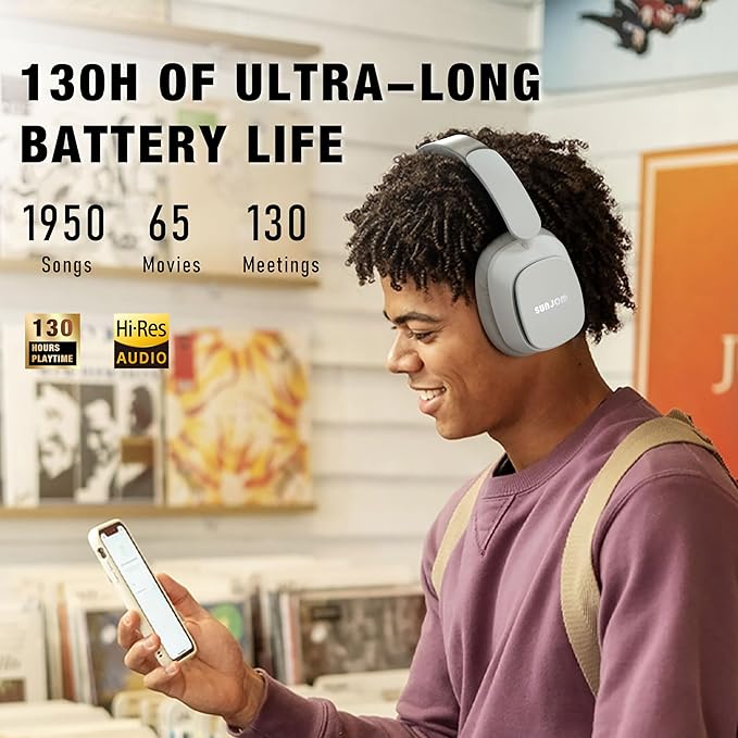 Remix 130H Playtime Bluetooth Over-Ear Wireless Headphones, ANC/ENC Active Noise Cancelling, Foldable Rotatable Lightweight Headphones with Microphone Type-C for Call Travel Sports (White)