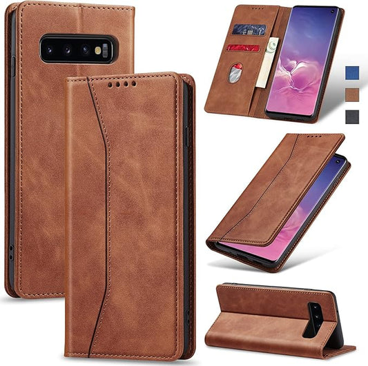 Jasonyu Flip Wallet Case for Samsung Galaxy S10,Leather Magnetic Folio Cover with Card Holder,Kickstand - TPU Shockproof Durable Protective Phone Case,Brown